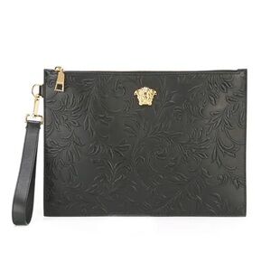 Versace Black Embossed Wristlet with Gold Medusa
